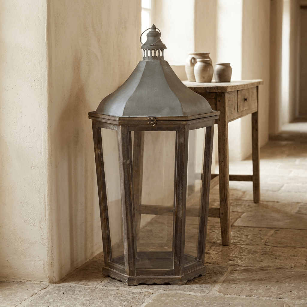 Large Briarwick Carriage Lantern on a stone hallway floor beside a rustic wood console