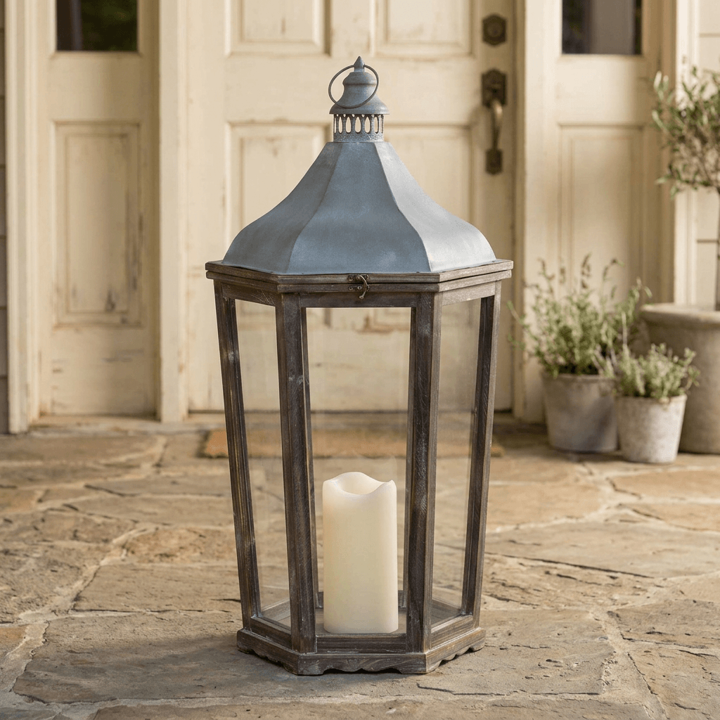 Large Briarwick Carriage Lantern with an ivory pillar candle at a sheltered cream doorway