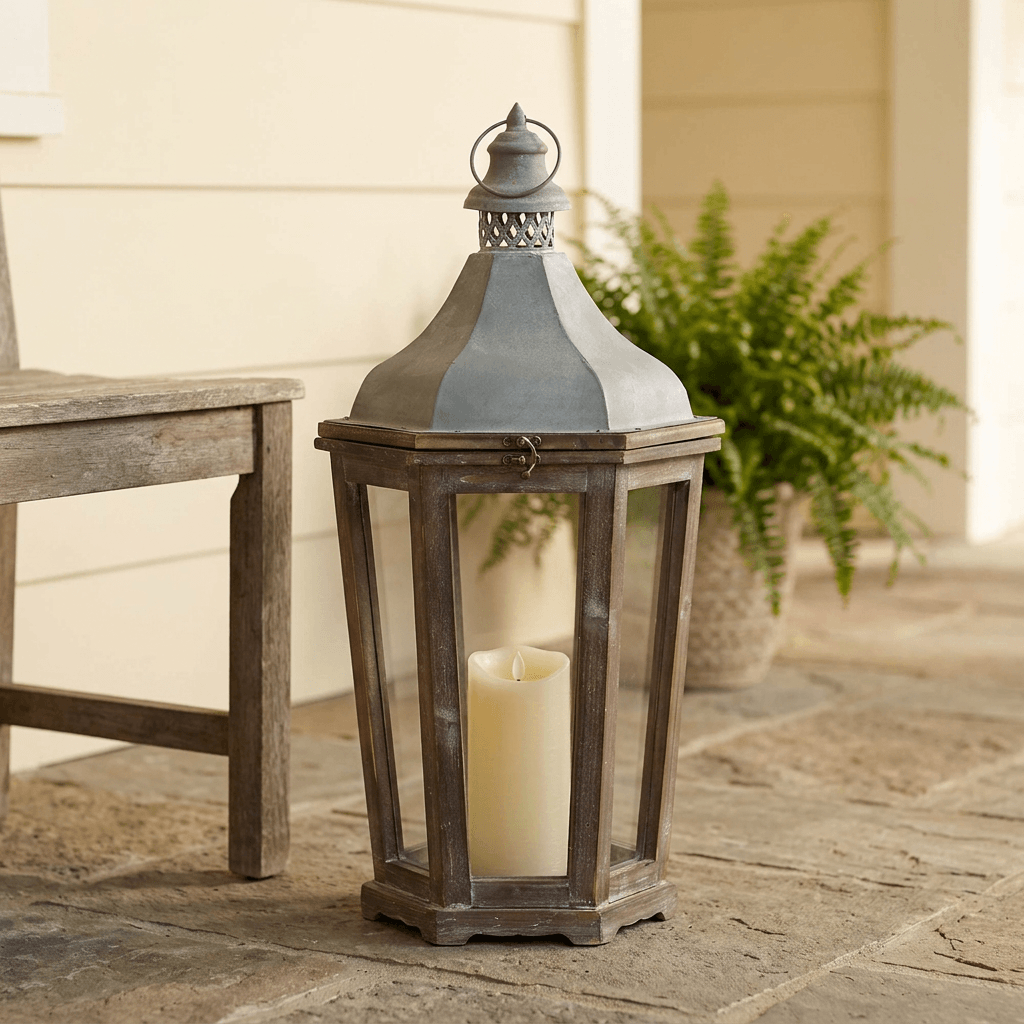 Medium Briarwick Carriage Lantern with an ivory pillar candle on a covered stone porch beside a wood bench