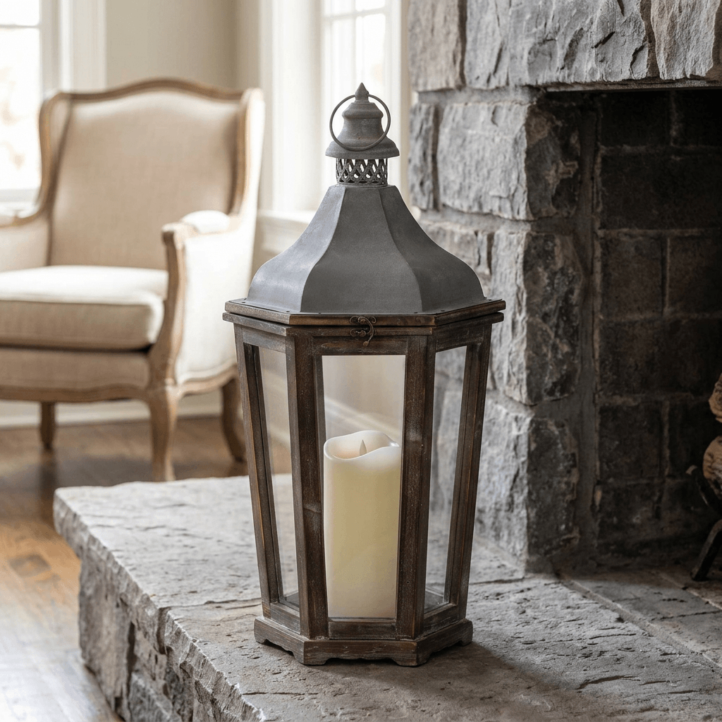 Medium Briarwick Carriage Lantern with an ivory pillar candle on a stone hearth beside an unlit fireplace