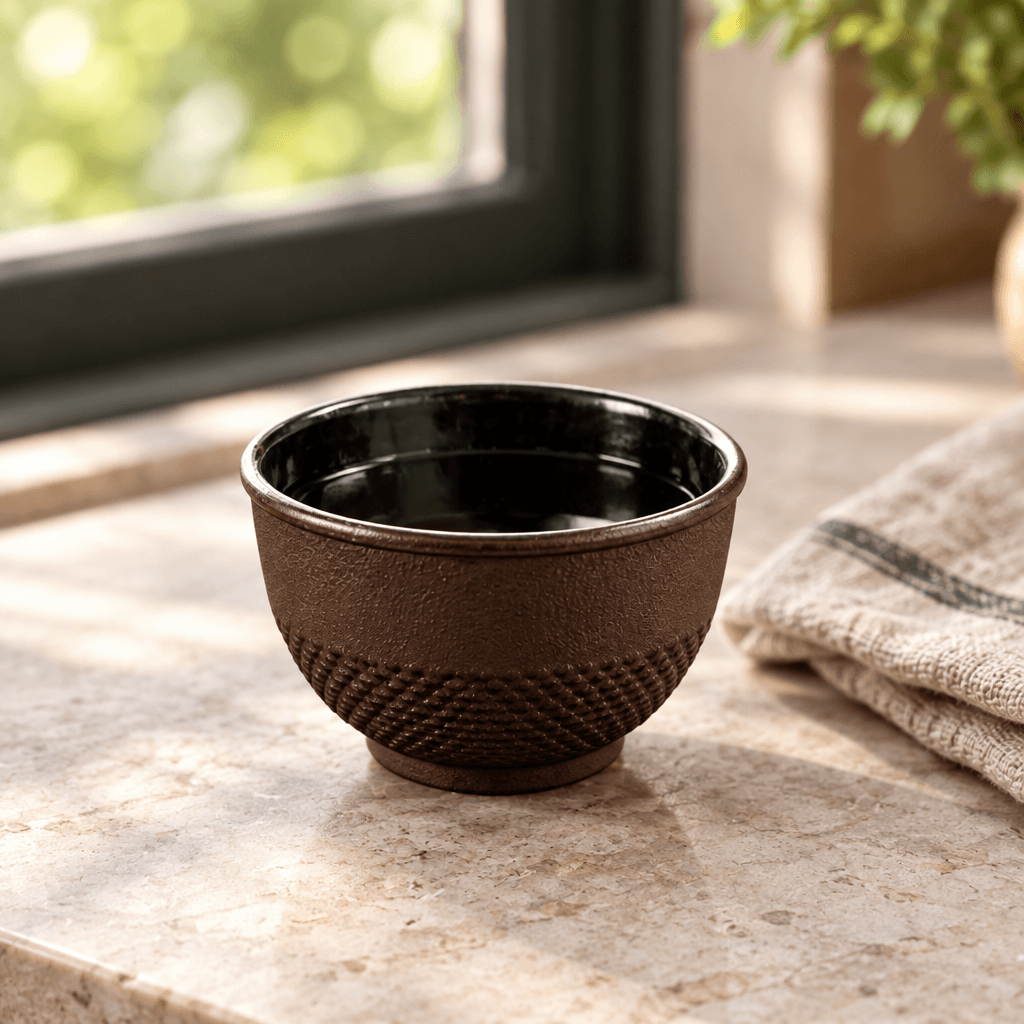 Brown Cast Iron Tea Cup showing textured exterior and dark interior on a pale stone counter