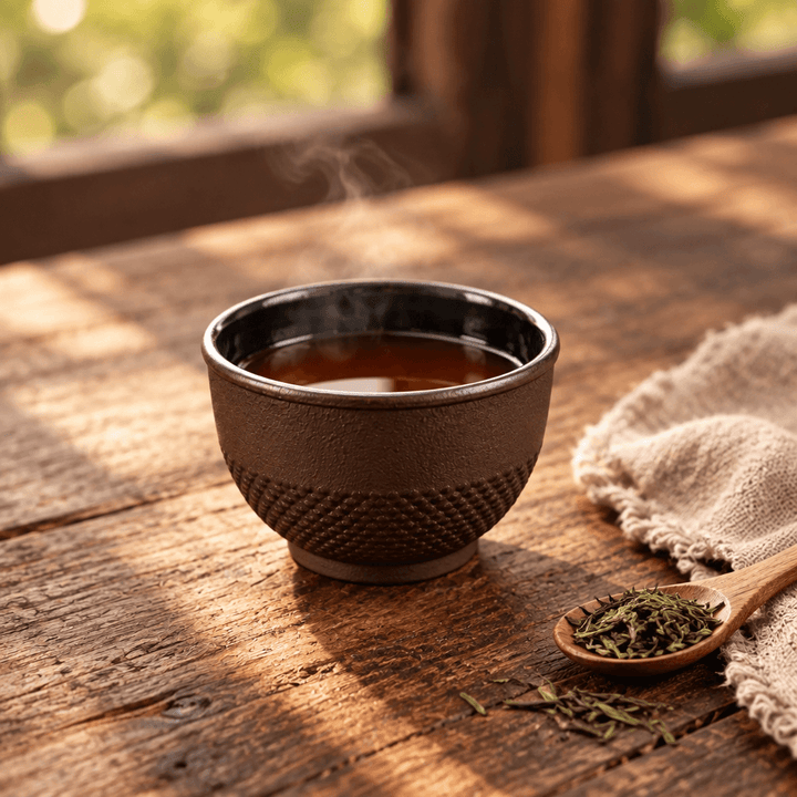 Brown Cast Iron Tea Cup containing tea on an oak table beside linen and loose tea