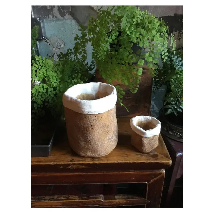 Burlap-Textured Cement Bag Planters arranged on rustic furniture