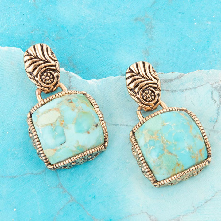 Carved Blue Turquoise Golden Drop Earrings