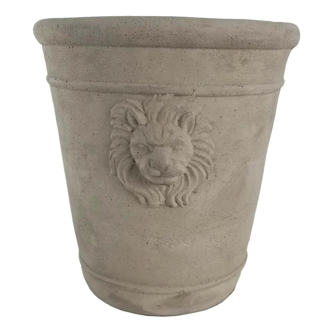 Tall Cast Cement Lion Head Planter against a plain background