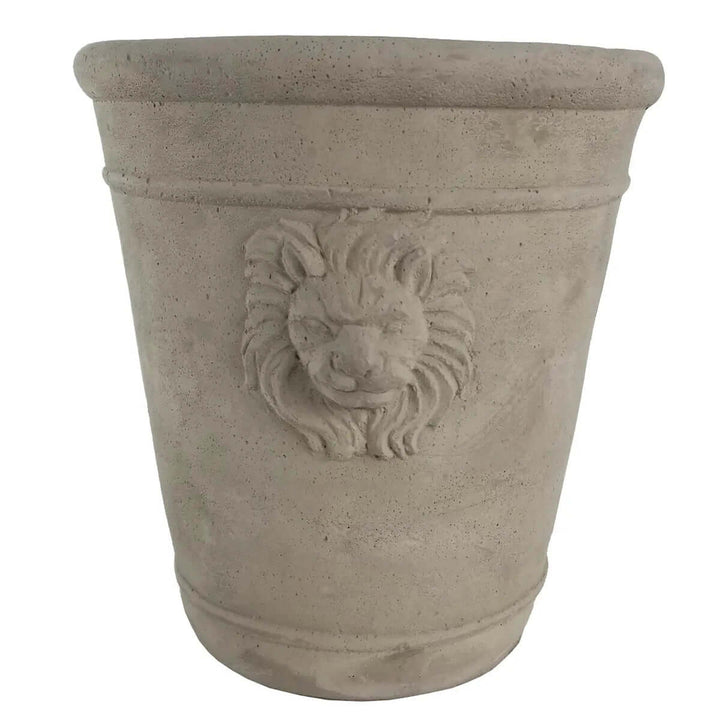 Tall Cast Cement Lion Head Planter against a plain background