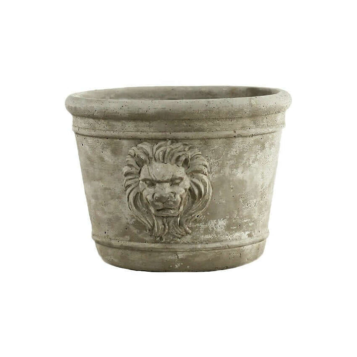 Round medium Cast Cement Lion Head Planter against a plain background