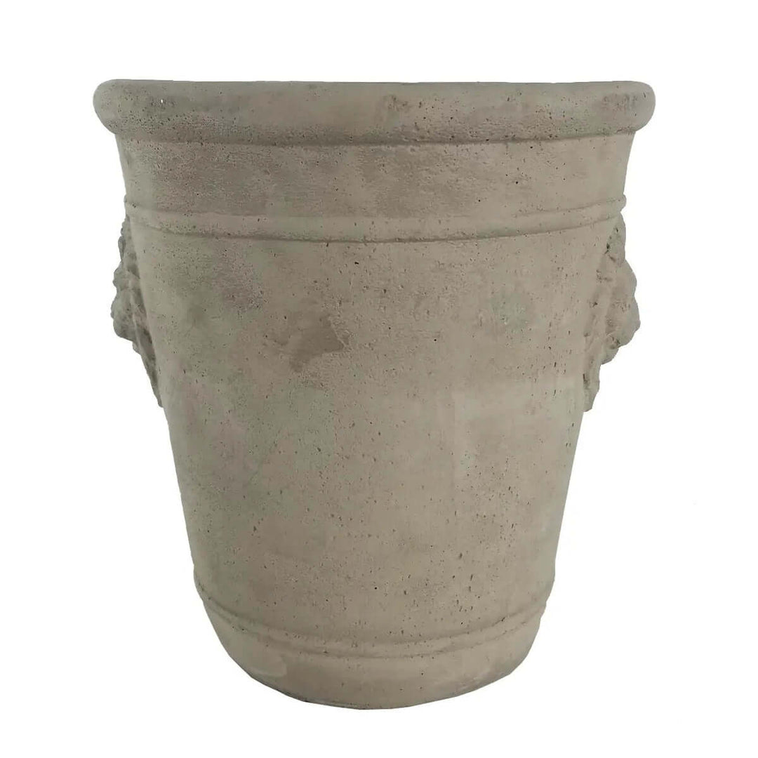 Tall Cast Cement Lion Head Planter side view showing its weathered finish