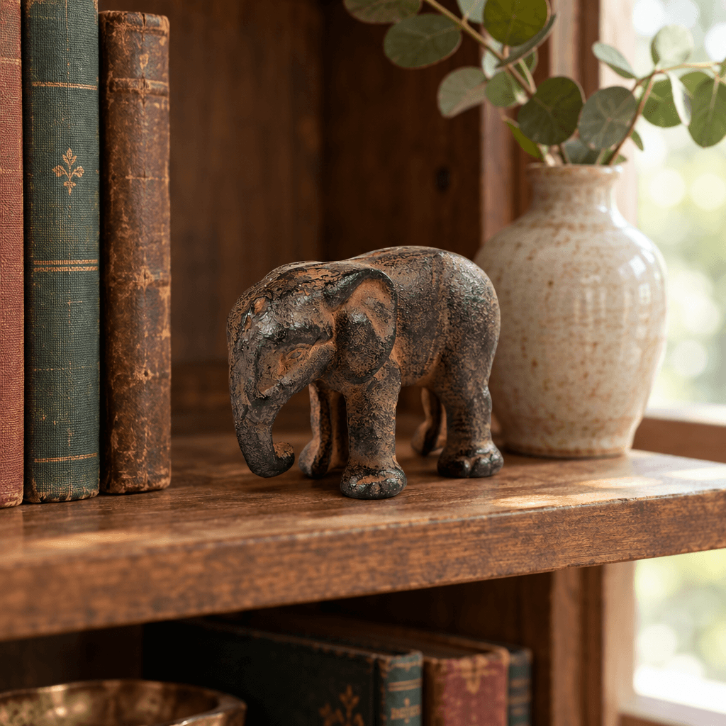 Cast iron elephant figurine styled beside vintage books and a ceramic vase on a wooden shelf.
