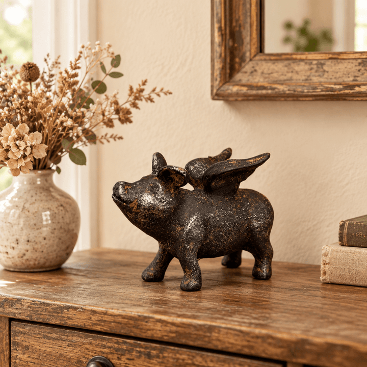 Cast Iron Flying Pig sculpture on a rustic entryway console beside dried flowers