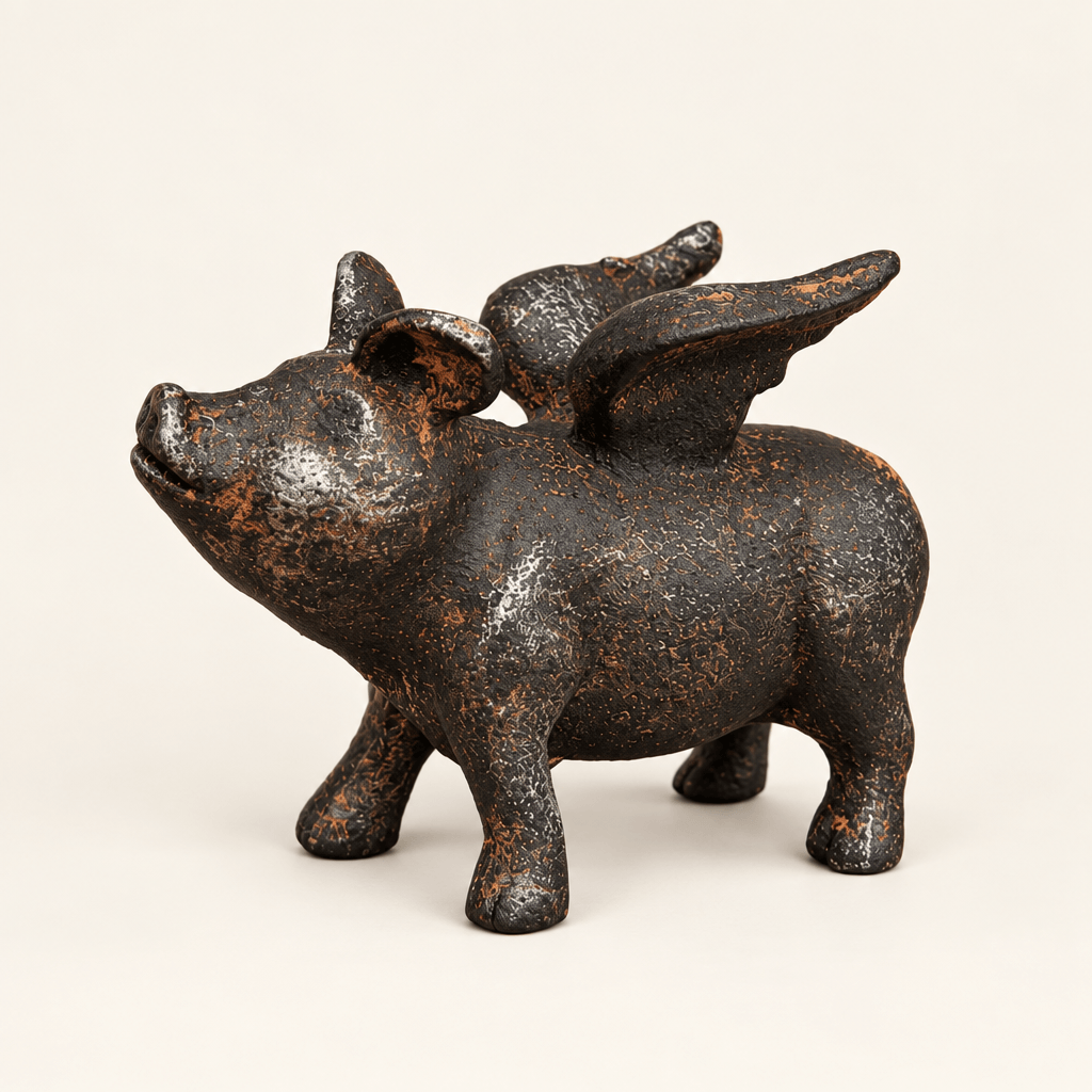 Cast Iron Flying Pig sculpture with raised wings on an ivory studio background