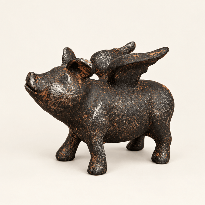 Cast Iron Flying Pig sculpture with raised wings on an ivory studio background