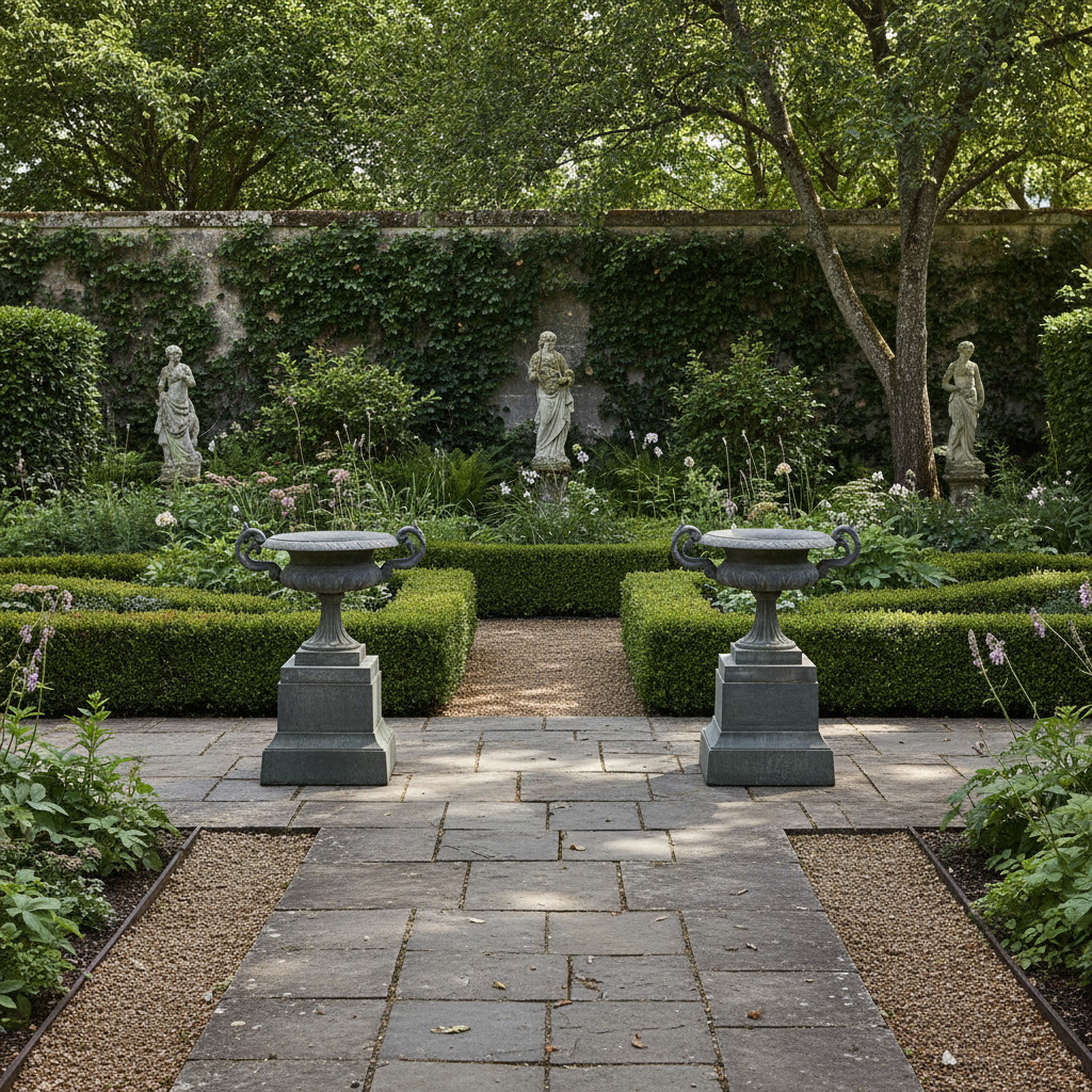 Cast Iron Garden Urn on Plinth with Scroll Handles in Classic Estate Garden