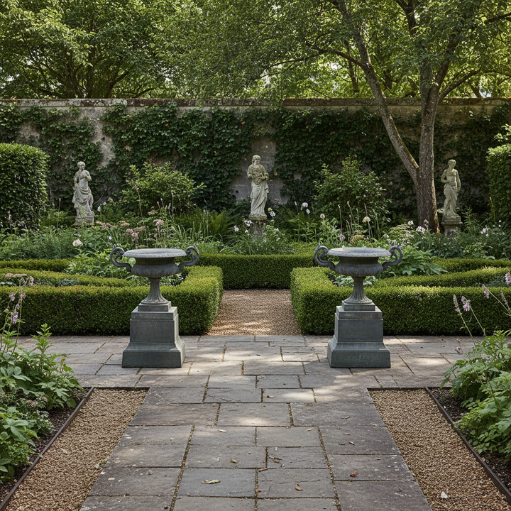 Cast Iron Garden Urn on Plinth with Scroll Handles in Classic Estate Garden