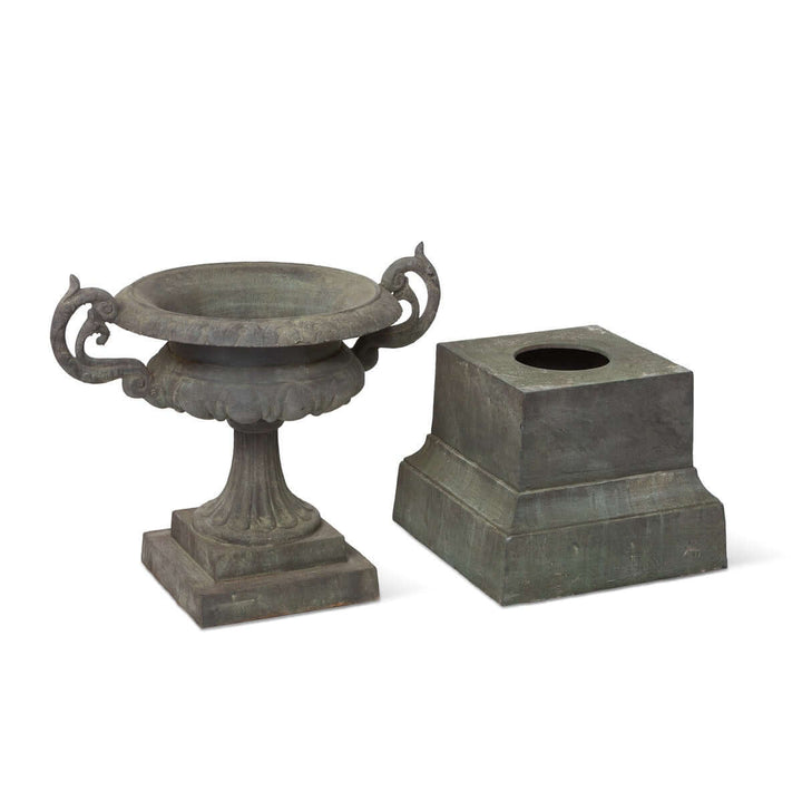 Cast Iron Garden Urn on Plinth with Scroll Handles - classical ironwork with antique European garden style