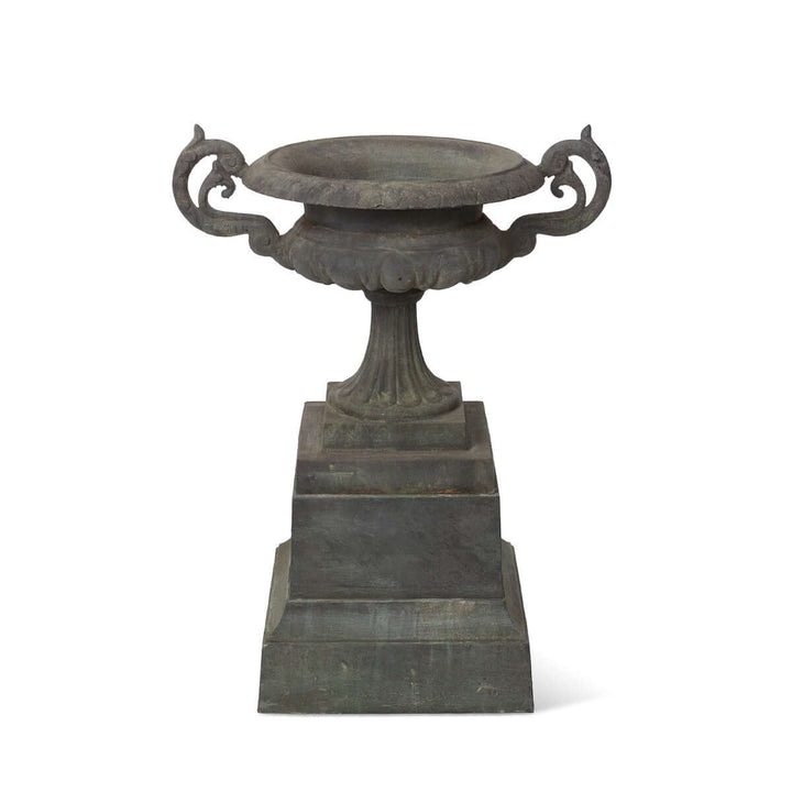 Cast Iron Garden Urn on Plinth with Scroll Handles, elegant classical design