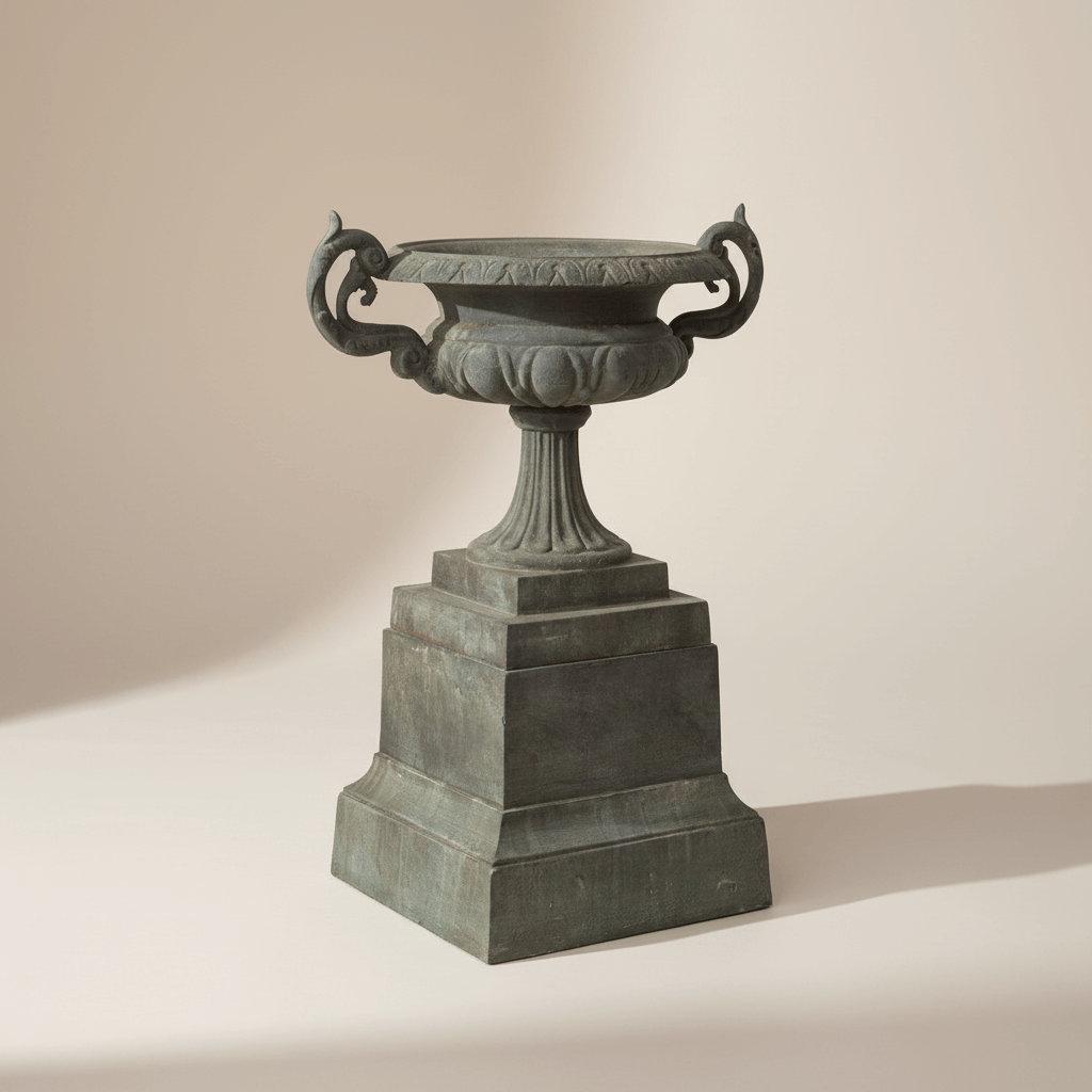 Cast Iron Garden Urn on Plinth with Scroll Handles, showcasing classical ironwork and old-world elegance for European-style gardens.