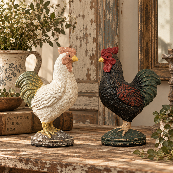 White and green cast iron rooster figurines styled together on a wood table