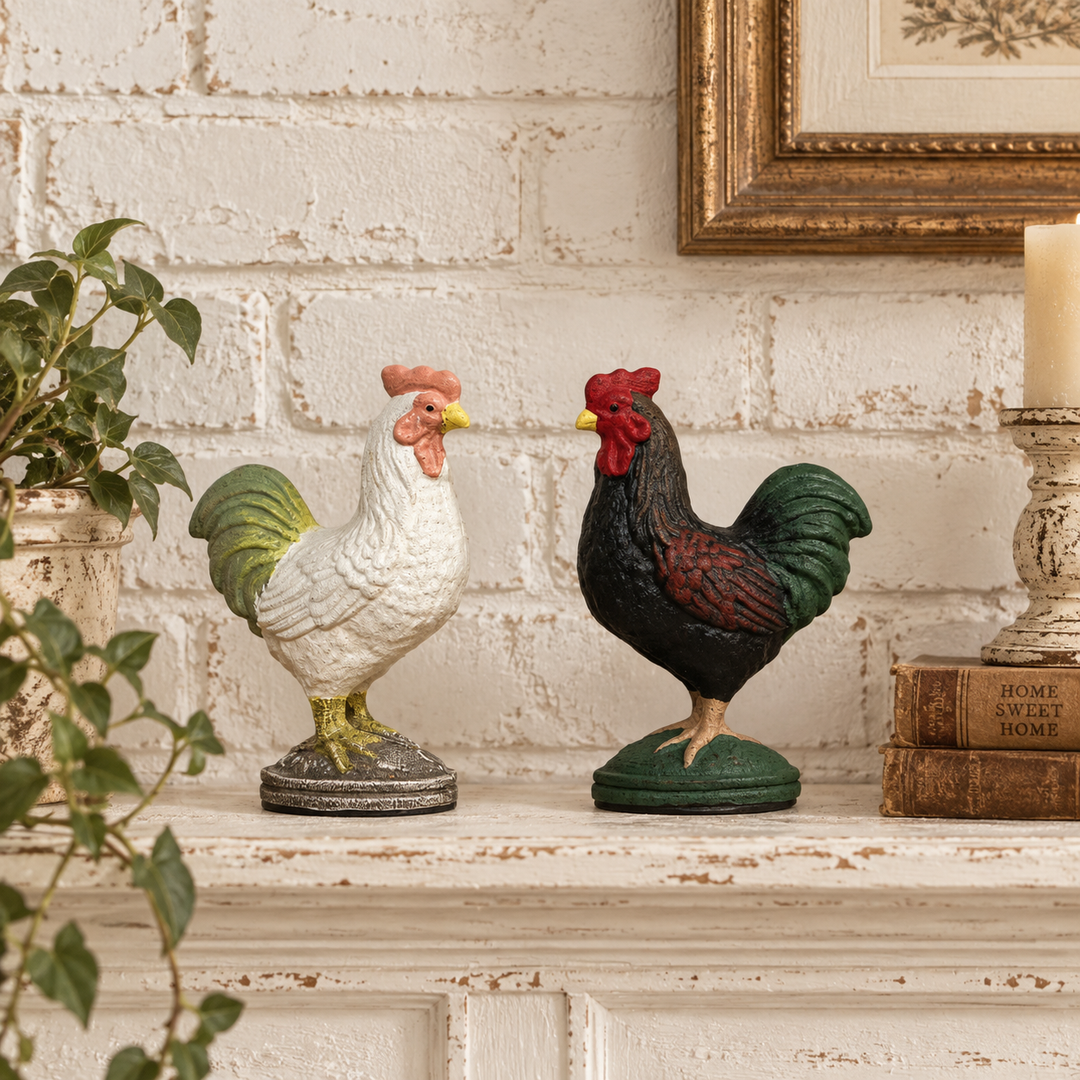 White and green rooster figurines on a distressed white shelf