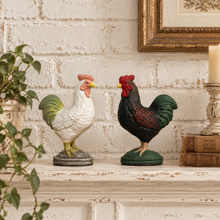 White and green rooster figurines on a distressed white shelf