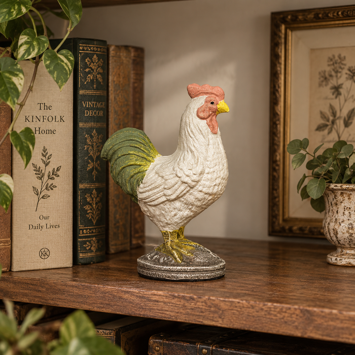 White rooster figurine beside botanical books