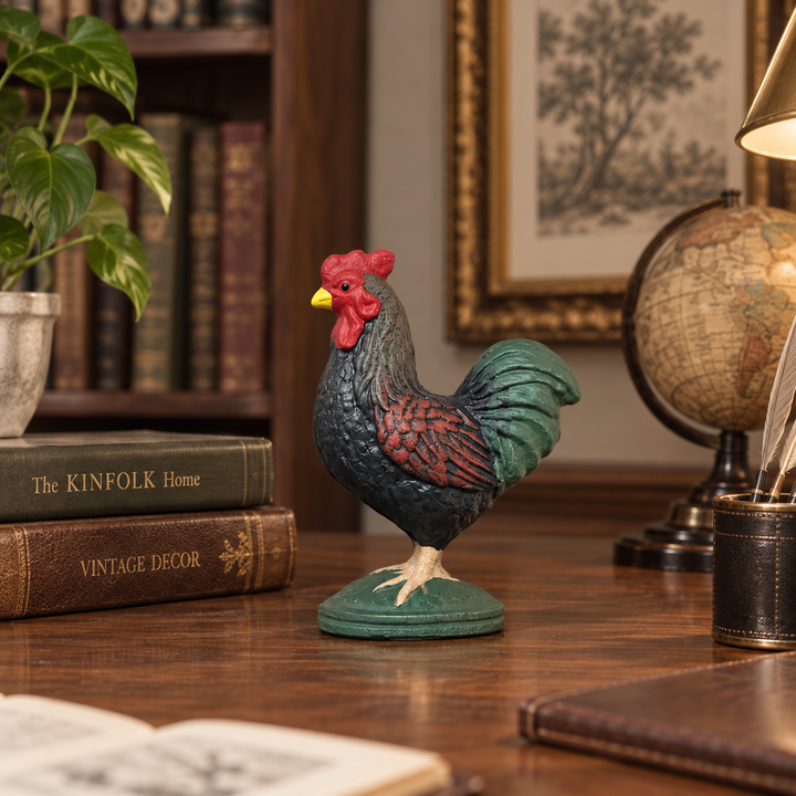 Dark green rooster figurine beside books and a globe