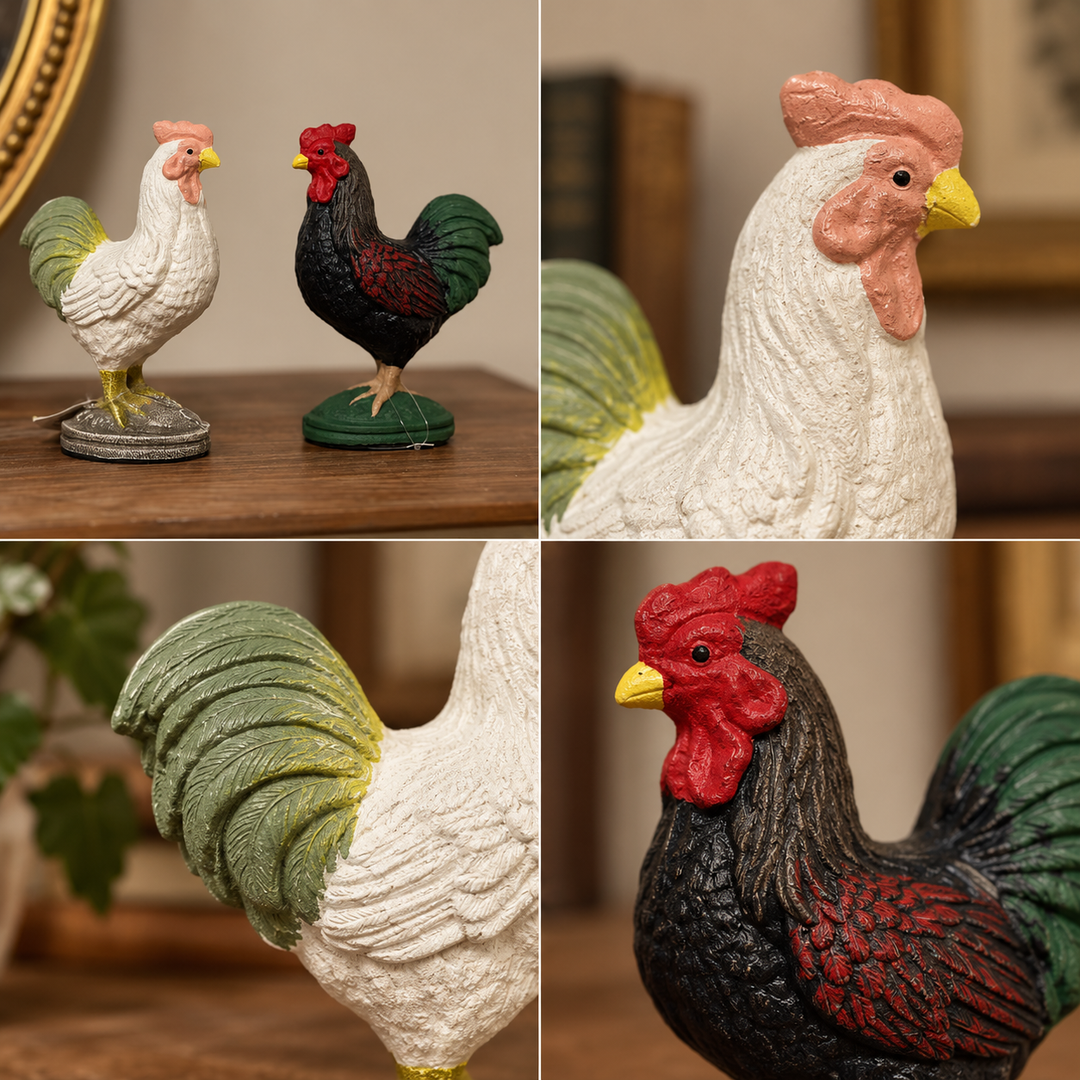 Collage of white and green rooster figures with feather and head details