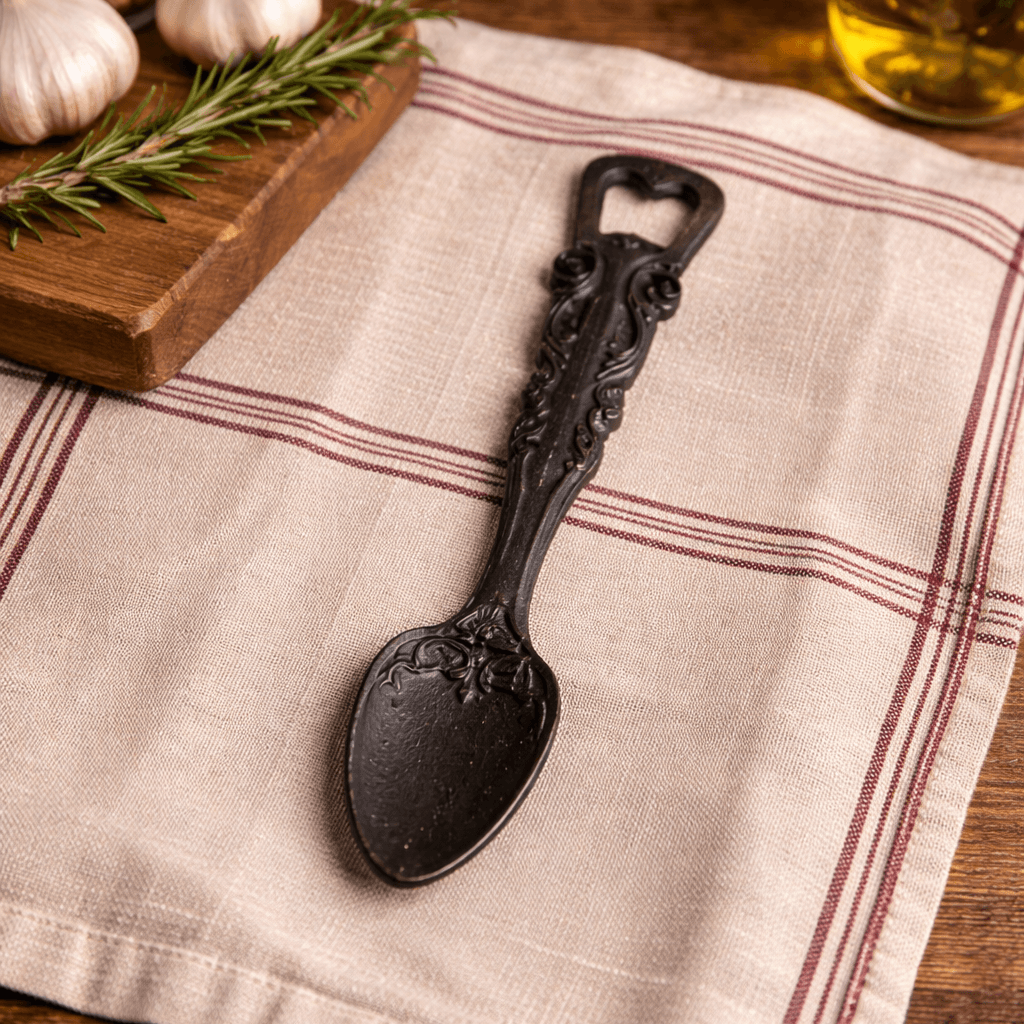 Ornate cast iron spoon bottle opener on striped linen with kitchen herbs