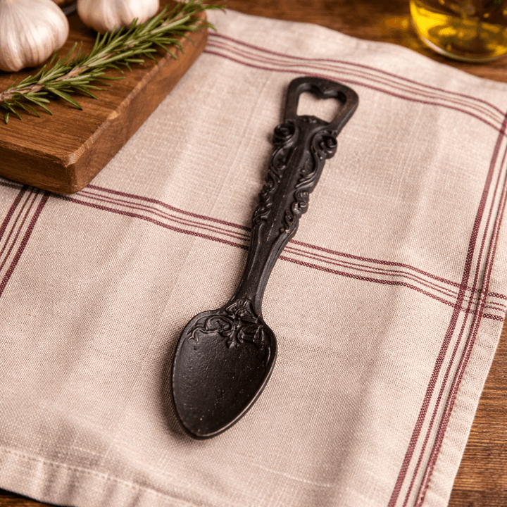 Ornate cast iron spoon bottle opener on striped linen with kitchen herbs
