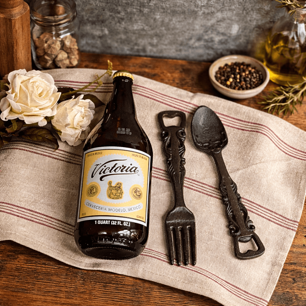 Cast iron spoon and fork bottle openers beside a brown glass bottle on a rustic counter