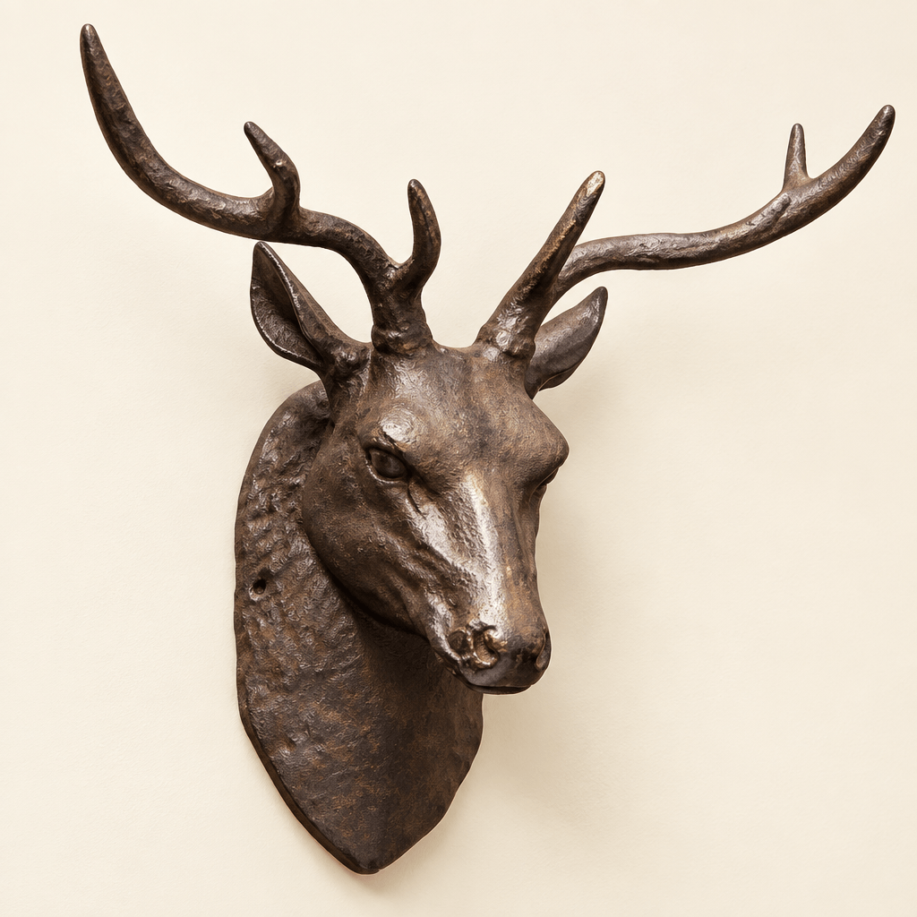Dark cast iron stag head with sculpted antlers mounted on an ivory wall