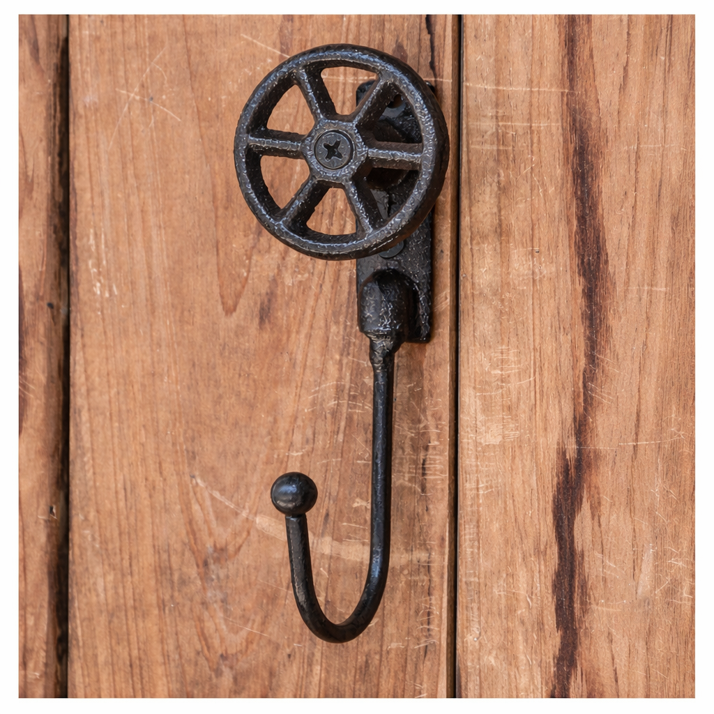 Front view of Cast Iron Valve Wheel Wall Hook mounted on wood