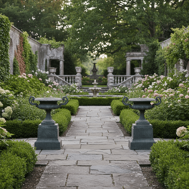Cast Iron Garden Urn on Plinth with Scroll Handles in elegant garden setting.