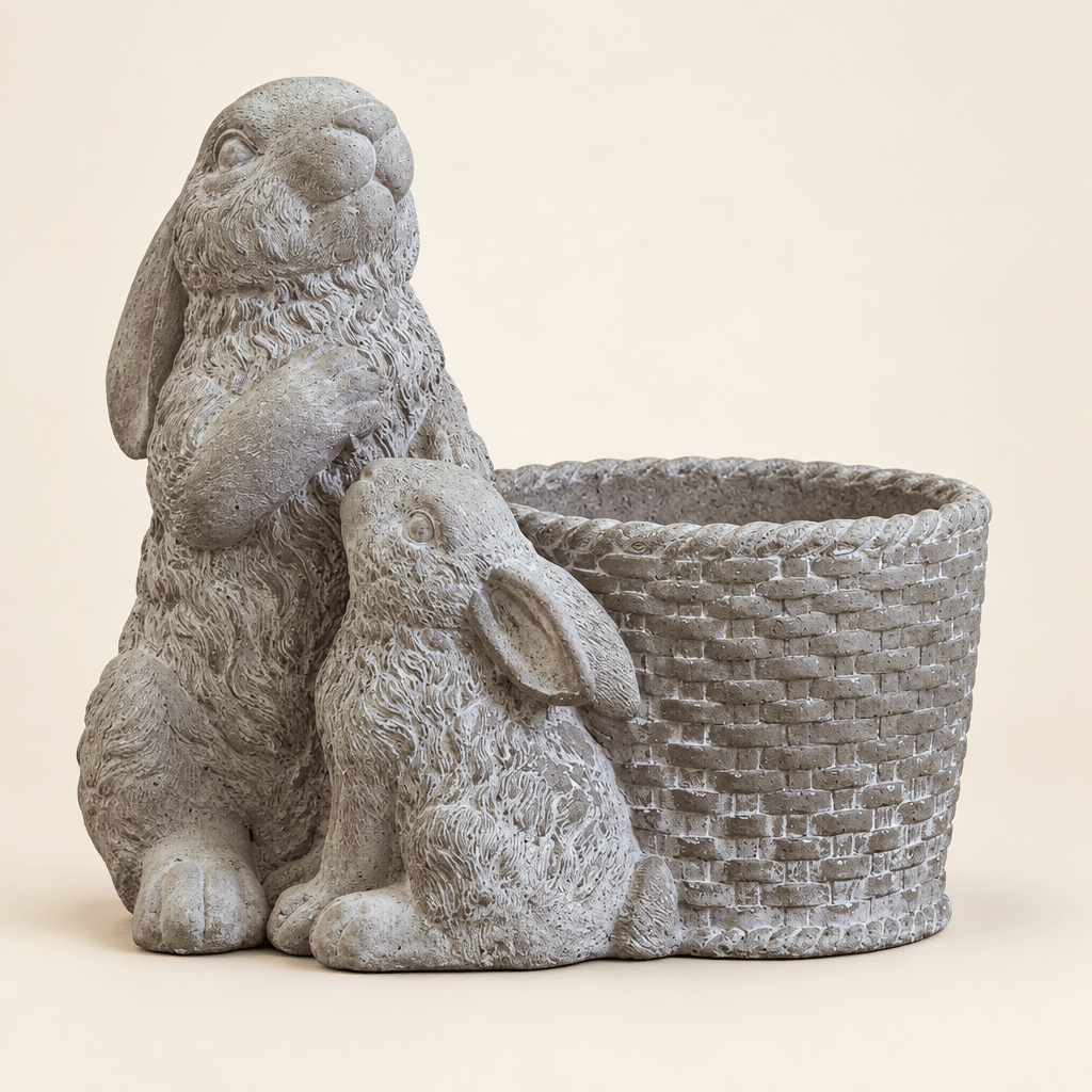 Gray cement double rabbit basket planter on an ivory studio background