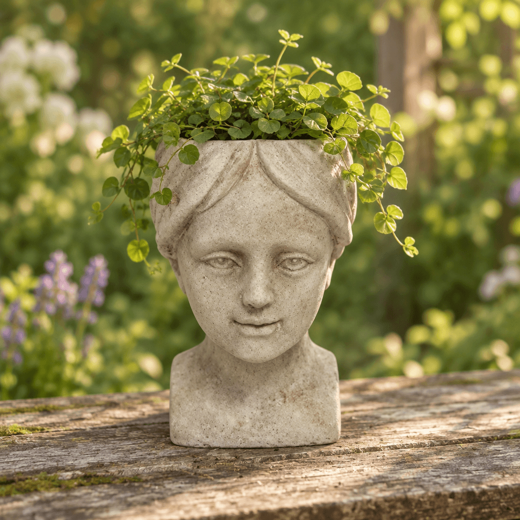 Cement Girl Head Planter with greenery on a wooden garden table