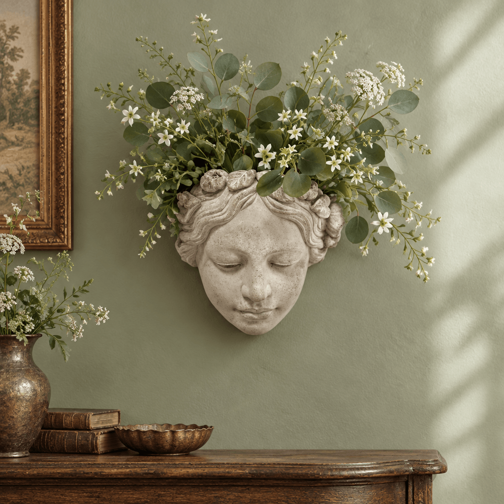 Cement Sun Goddess Wall Planter with botanical stems styled on a sage green wall above a wooden console.