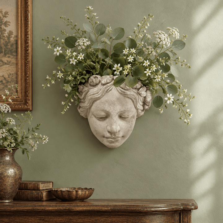 Cement Sun Goddess Wall Planter with botanical stems styled on a sage green wall above a wooden console.