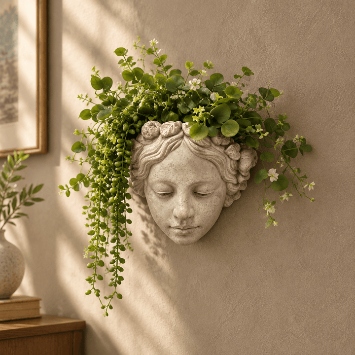 Angled view of Cement Sun Goddess Wall Planter with cascading greenery against a textured taupe wall.