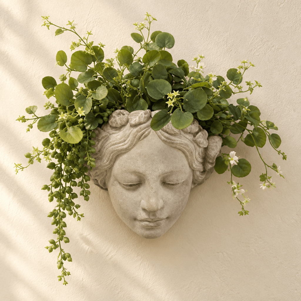 Cement Sun Goddess Wall Planter styled with trailing greenery against an ivory plaster wall.