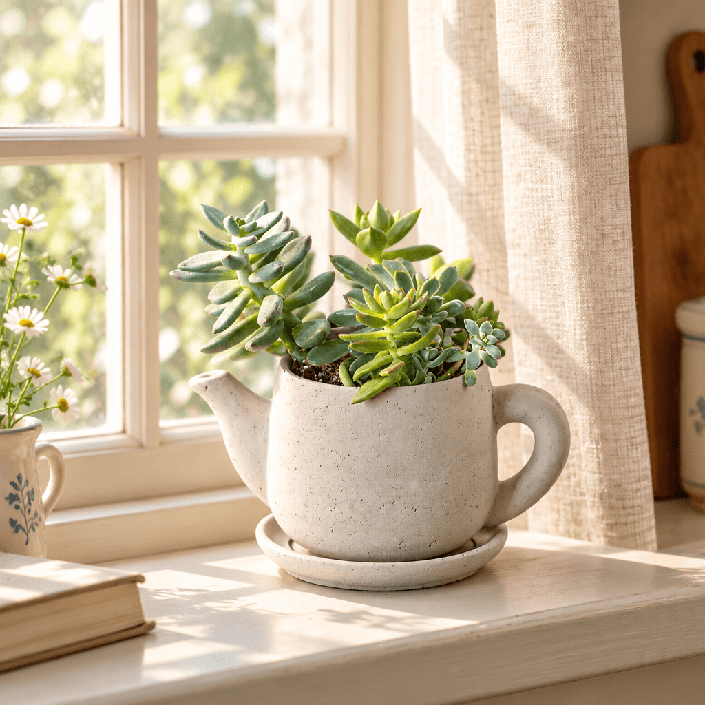 Cement teapot-shaped planter styled with succulents on a softly lit kitchen windowsill