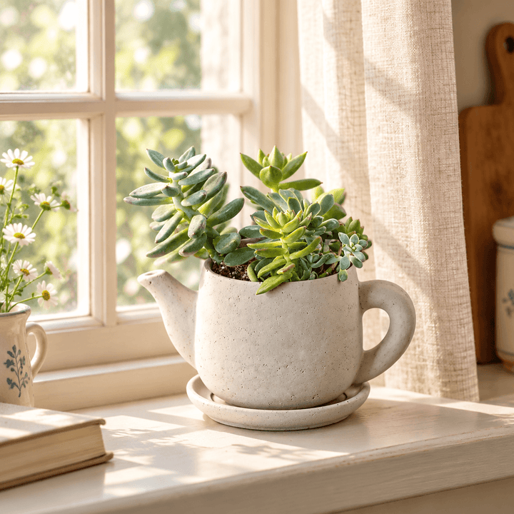 Cement teapot-shaped planter styled with succulents on a softly lit kitchen windowsill