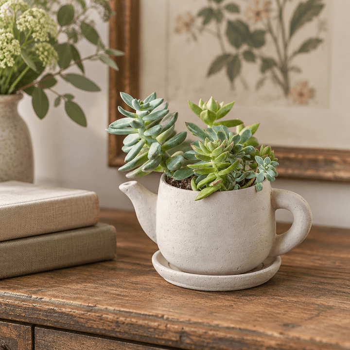 Cement teapot-shaped planter with succulents beside books on a rustic wooden console