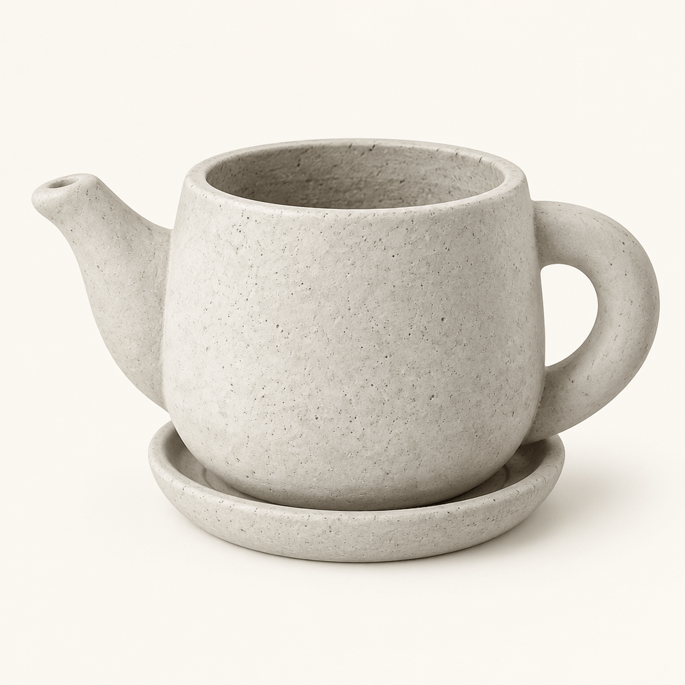 Pale cement teapot-shaped planter and saucer on an ivory studio background