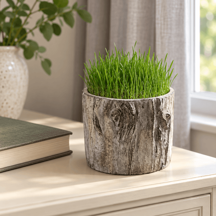Tree trunk cement planter with fine grass beside an indoor window