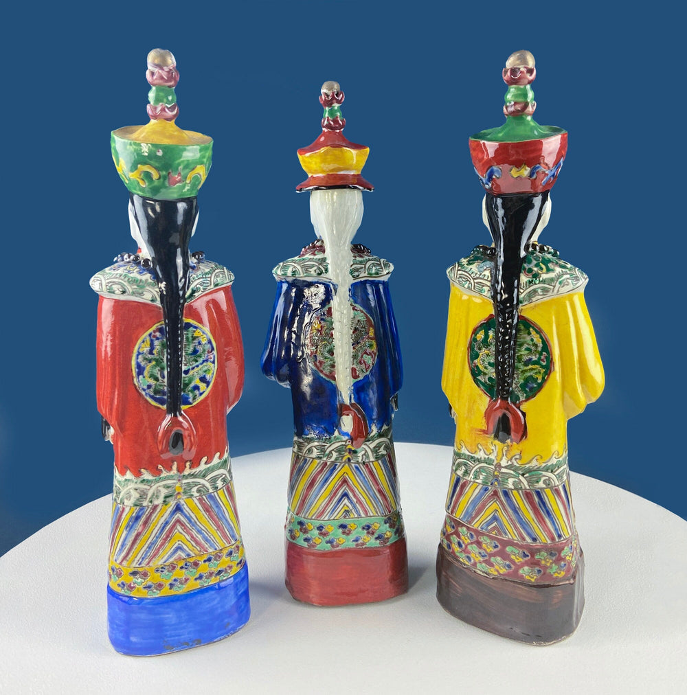 3 Ceramic Sculptures of Asian Royal Advisors or Immortals. Collection of Large Figurines of Asian Men in Traditional Chinese Clothing. Home Decor.