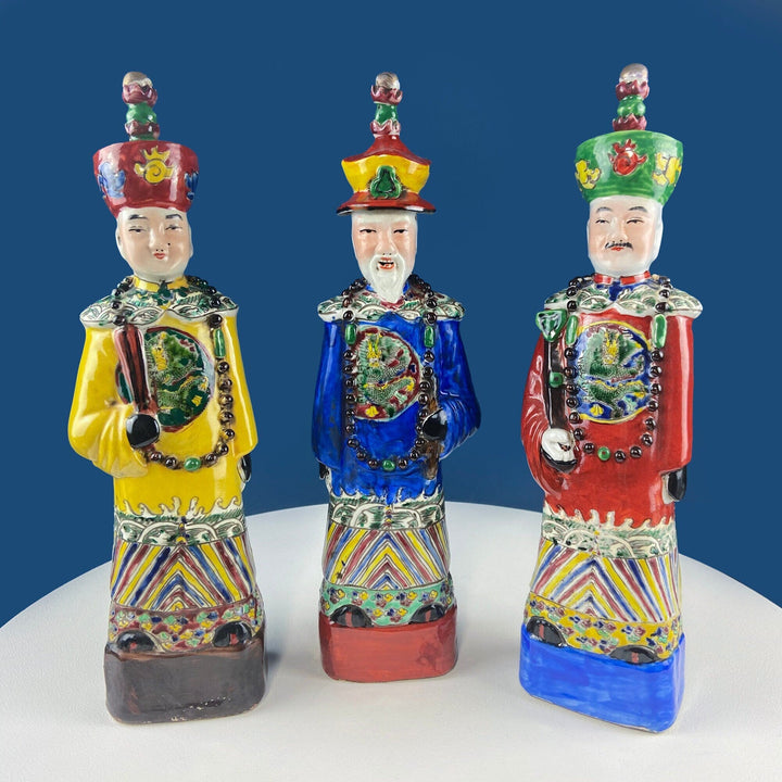 3 Ceramic Sculptures of Asian Royal Advisors or Immortals. Collection of Large Figurines of Asian Men in Traditional Chinese Clothing.