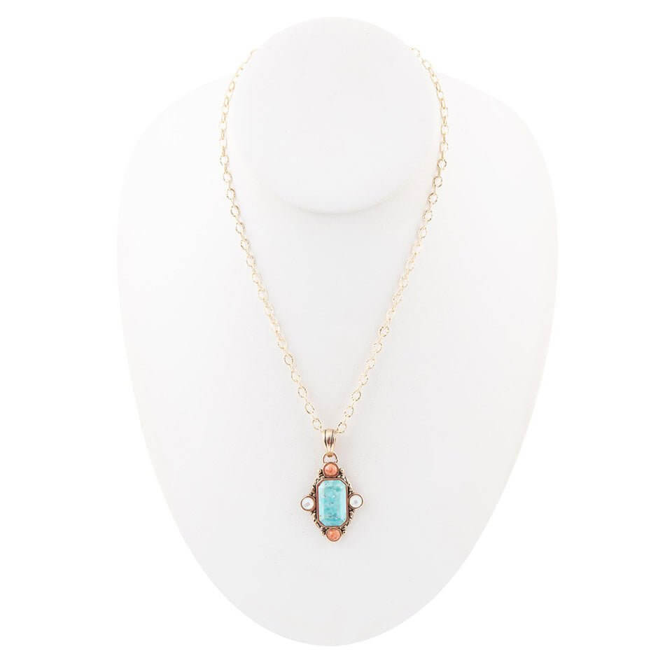 Champs Blue Turquoise and Orange Coral Golden Pendant Necklace