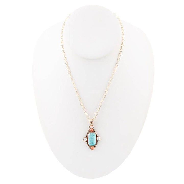 Champs Blue Turquoise and Orange Coral Golden Pendant Necklace