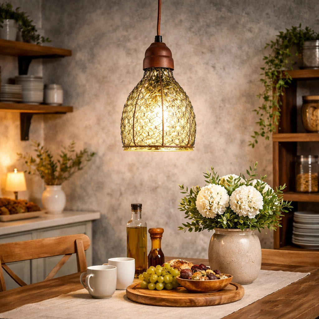 Chicken Wire Glass Plug-In Pendant glowing against an aged wall