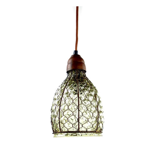 Chicken Wire Glass Plug-In Pendant hanging in a farmhouse interior